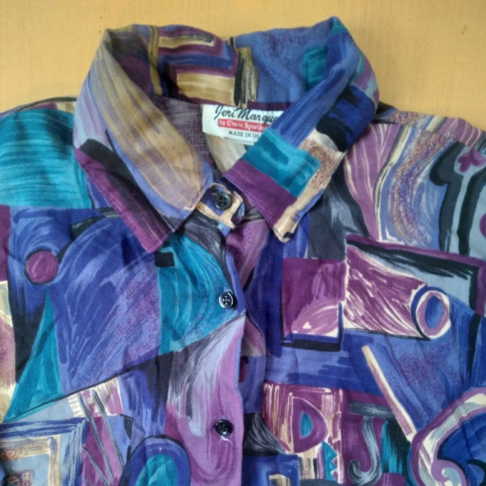 Vintage Jeri Marque Abstract Geometric Brushstrokes Disco Shirt